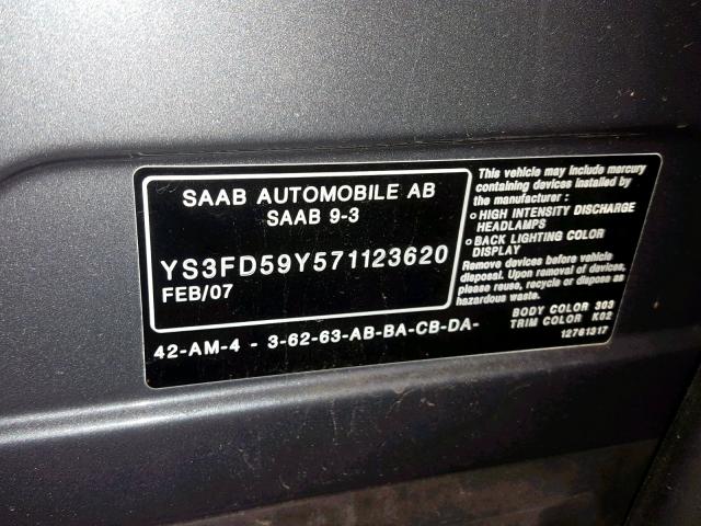 YS3FD59Y571123620 - 2007 SAAB 9-3 2.0T BLUE photo 10