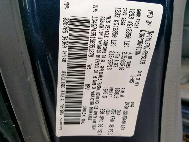 1D4GP45R15B351278 - 2005 DODGE CARAVAN SX BLUE photo 10