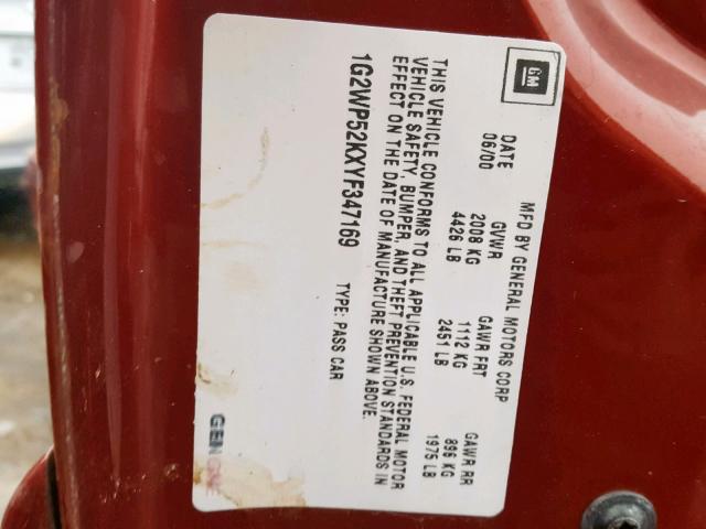 1G2WP52KXYF347169 - 2000 PONTIAC GRAND PRIX BURGUNDY photo 10