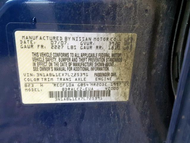 3N1AB61EX7L725391 - 2007 NISSAN SENTRA 2.0 BLUE photo 10