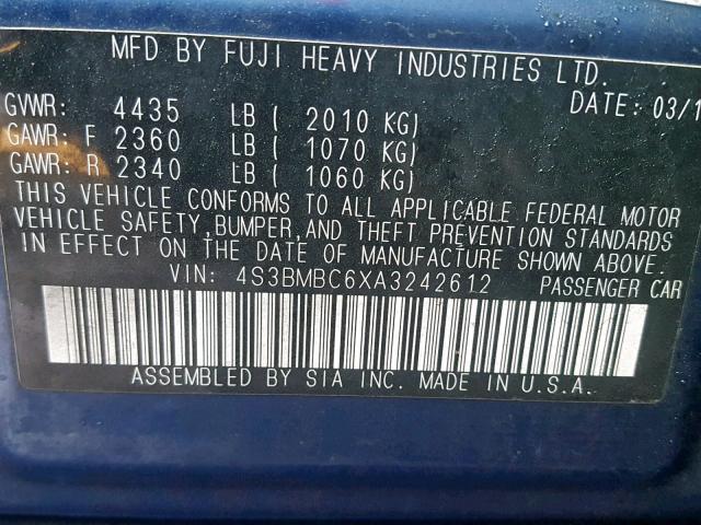 4S3BMBC6XA3242612 - 2010 SUBARU LEGACY 2.5 BLUE photo 10