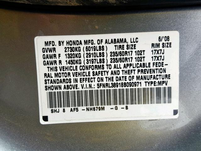 5FNRL38918B090971 - 2008 HONDA ODYSSEY TO GRAY photo 10