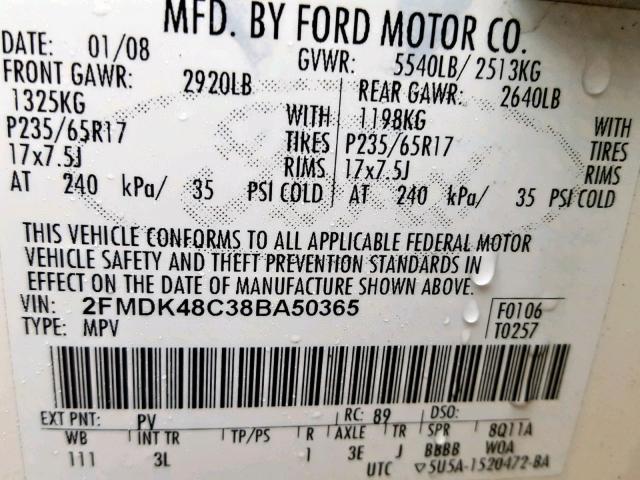 2FMDK48C38BA50365 - 2008 FORD EDGE SEL WHITE photo 10