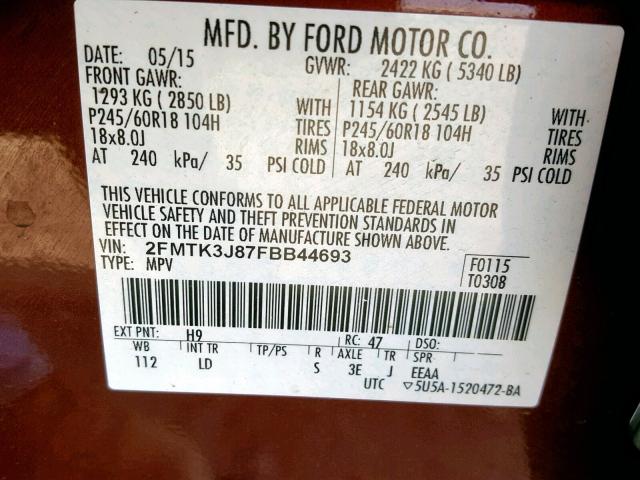 2FMTK3J87FBB44693 - 2015 FORD EDGE SEL ORANGE photo 10