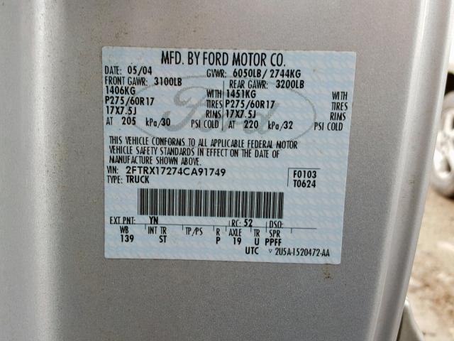 2FTRX17274CA91749 - 2004 FORD F-150 HERI SILVER photo 10