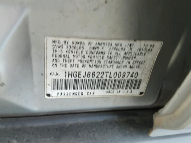 1HGEJ6622TL009740 - 1996 HONDA CIVIC DX SILVER photo 10