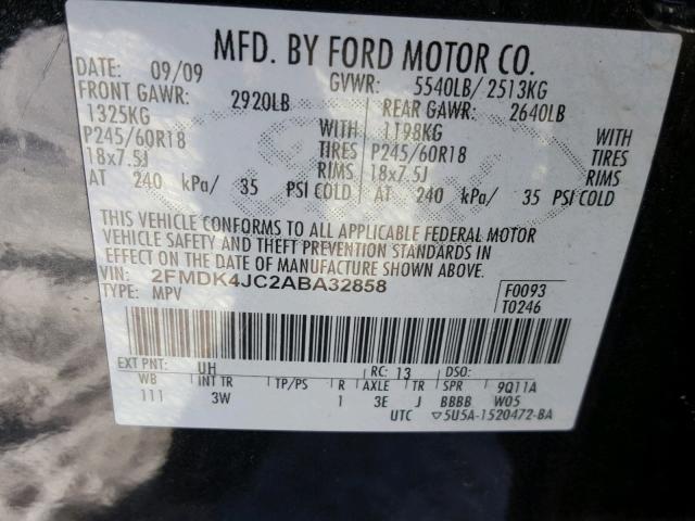 2FMDK4JC2ABA32858 - 2010 FORD EDGE SEL BLACK photo 10