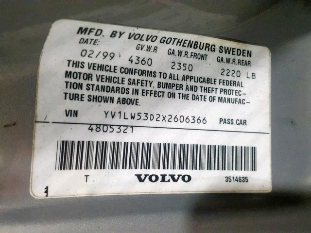 YV1LW53D2X2606366 - 1999 VOLVO V70 T5 TUR SILVER photo 10