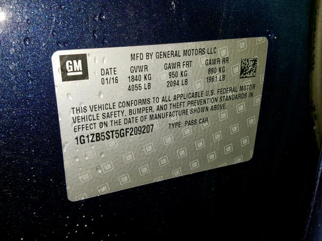 1G1ZB5ST5GF209207 - 2016 CHEVROLET MALIBU LS BLUE photo 10