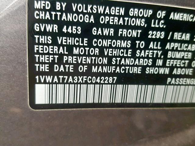 1VWAT7A3XFC042287 - 2015 VOLKSWAGEN PASSAT S GRAY photo 10