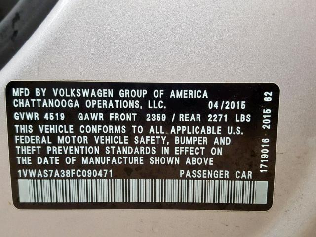 1VWAS7A38FC090471 - 2015 VOLKSWAGEN PASSAT S SILVER photo 10