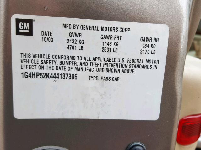 1G4HP52K444137396 - 2004 BUICK LESABRE CU TAN photo 10