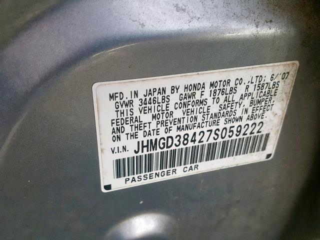 JHMGD38427S059222 - 2007 HONDA FIT SILVER photo 10