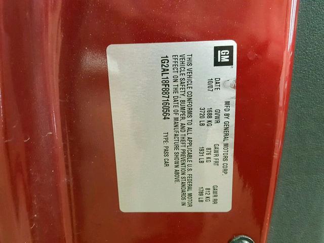 1G2AL18F887160564 - 2008 PONTIAC G5 RED photo 10