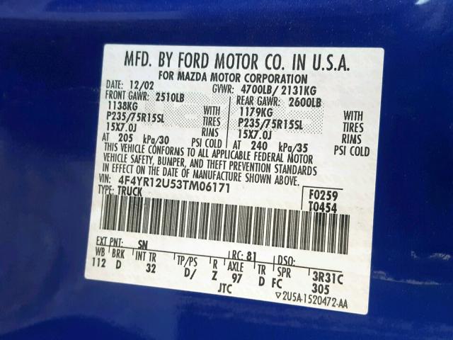 4F4YR12U53TM06171 - 2003 MAZDA B3000 BLUE photo 10