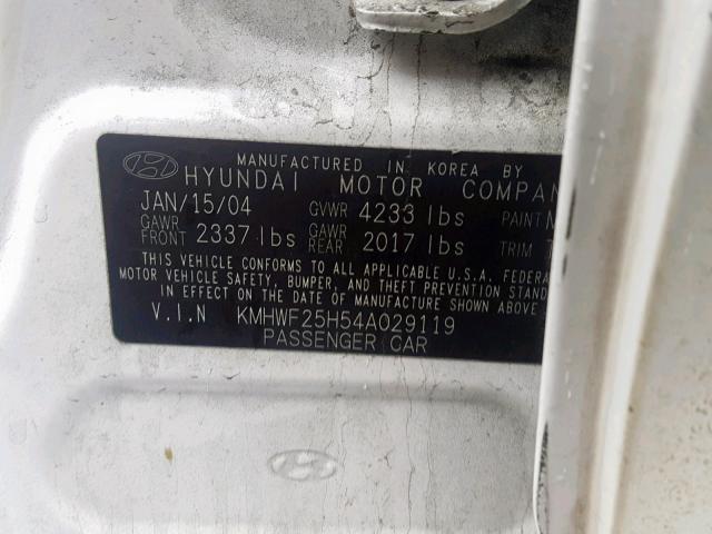 KMHWF25H54A029119 - 2004 HYUNDAI SONATA GL WHITE photo 10