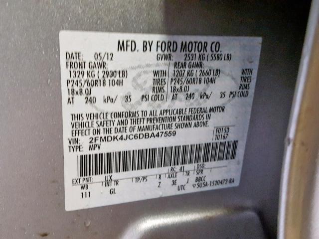 2FMDK4JC6DBA47559 - 2013 FORD EDGE SEL SILVER photo 10