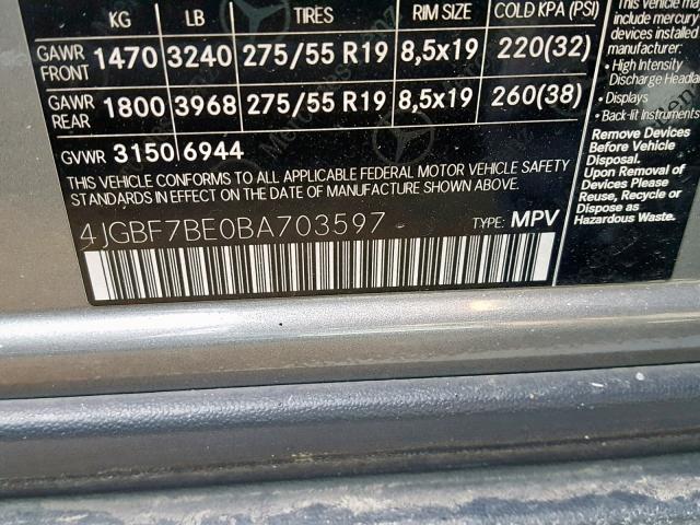 4JGBF7BE0BA703597 - 2011 MERCEDES-BENZ GL 450 4MA GRAY photo 10