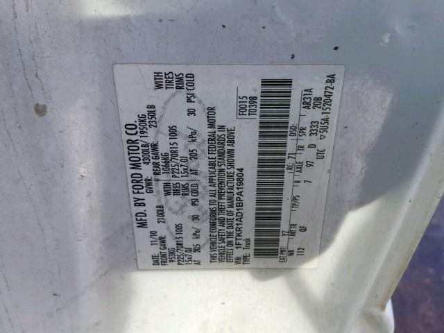 1FTKR1AD1BPA19804 - 2011 FORD RANGER WHITE photo 10