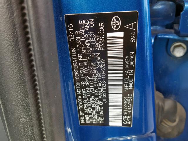 JTDKDTB33F1092309 - 2015 TOYOTA PRIUS C BLUE photo 10