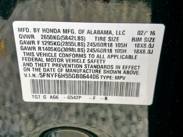 5FNYF6H55GB064406 - 2016 HONDA PILOT EXL GREEN photo 10