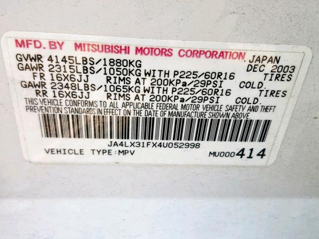 JA4LX31FX4U052998 - 2004 MITSUBISHI OUTLANDER WHITE photo 10