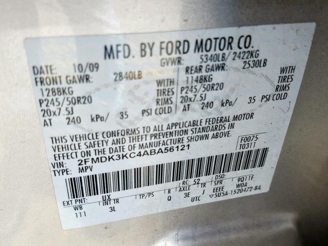 2FMDK3KC4ABA56121 - 2010 FORD EDGE LIMIT SILVER photo 10