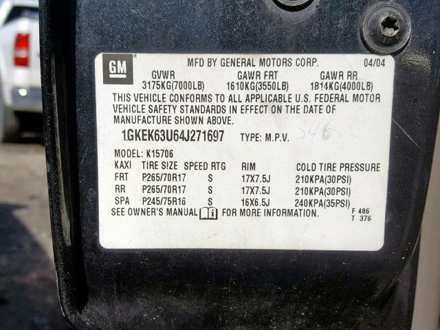 1GKEK63U64J271697 - 2004 GMC YUKON DENA BLACK photo 10