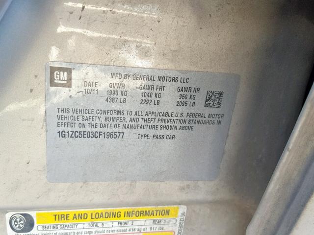 1G1ZC5E03CF196577 - 2012 CHEVROLET MALIBU 1LT ოქროსფერი ფოტო 10