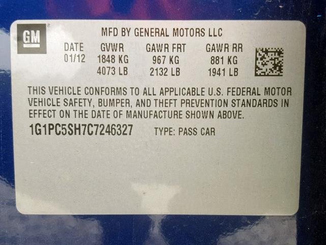 1G1PC5SH7C7246327 - 2012 CHEVROLET CRUZE LS BLUE photo 10