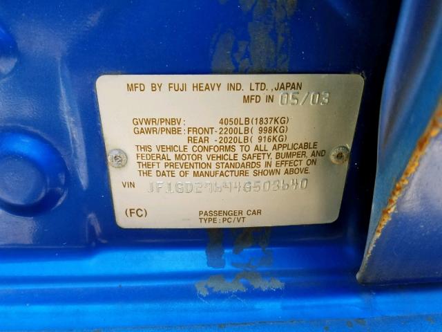 JF1GD29694G508640 - 2004 SUBARU IMPREZA WR BLUE photo 10