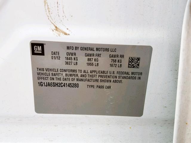 1G1JA6SH2C4145280 - 2012 CHEVROLET SONIC LS 白色 照片 10