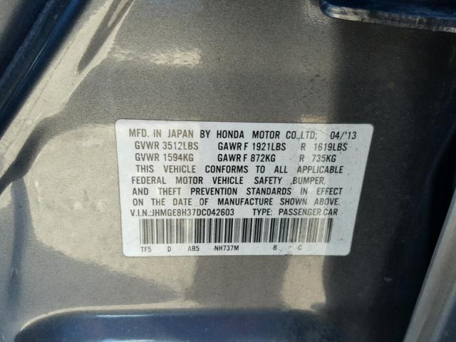 JHMGE8H37DC042603 - 2013 HONDA FIT GRAY photo 10