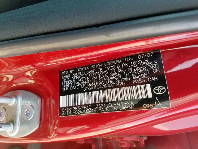 JTKKU10478J002428 - 2008 TOYOTA SCION XD RED photo 10