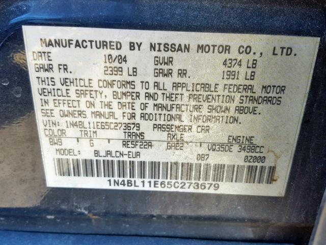 1N4BL11E65C273679 - 2005 NISSAN ALTIMA SE BLUE photo 10