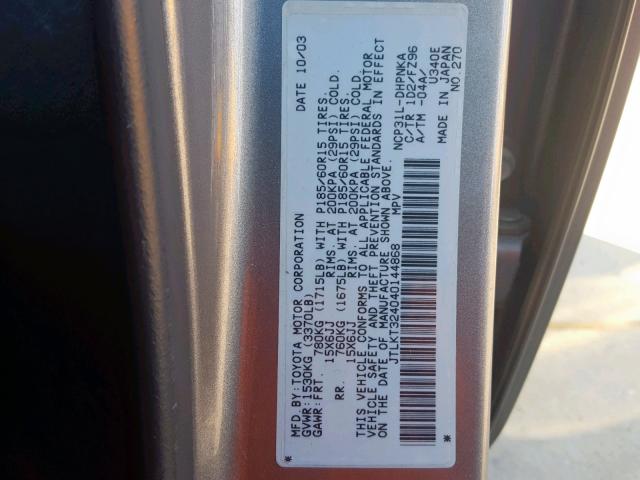 JTLKT324040144868 - 2004 TOYOTA SCION XB GRAY photo 10