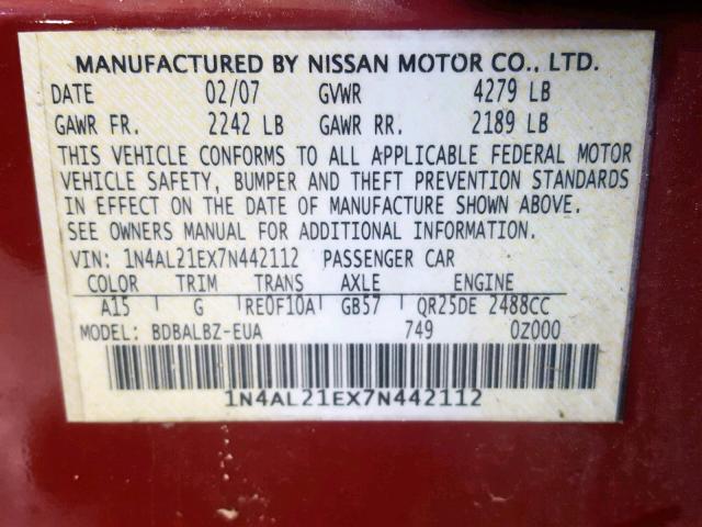 1N4AL21EX7N442112 - 2007 NISSAN ALTIMA 2.5 MAROON photo 10