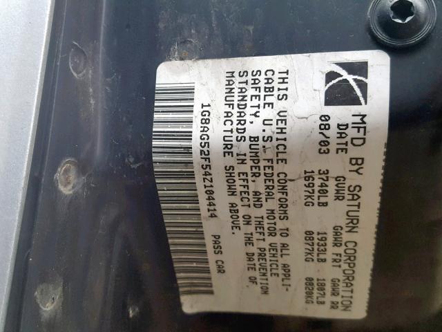 1G8AG52F54Z104414 - 2004 SATURN ION LEVEL SILVER photo 10