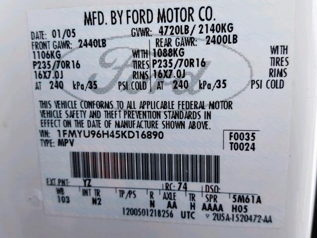 1FMYU96H45KD16890 - 2005 FORD ESCAPE HEV WHITE photo 10