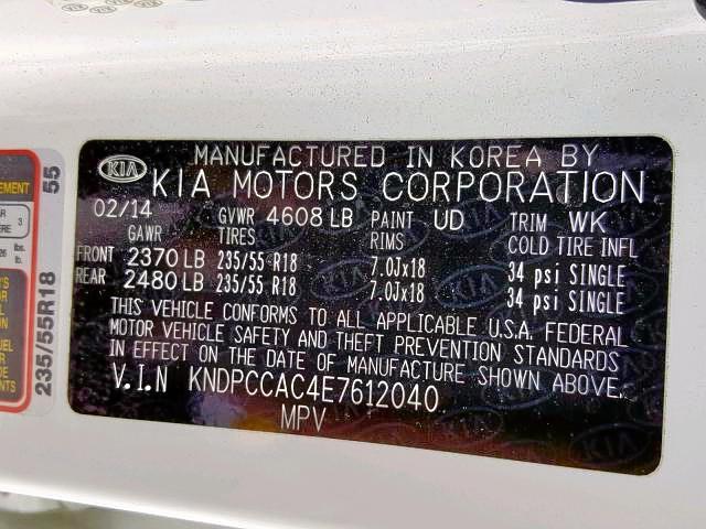 KNDPCCAC4E7612040 - 2014 KIA SPORTAGE E WHITE photo 10