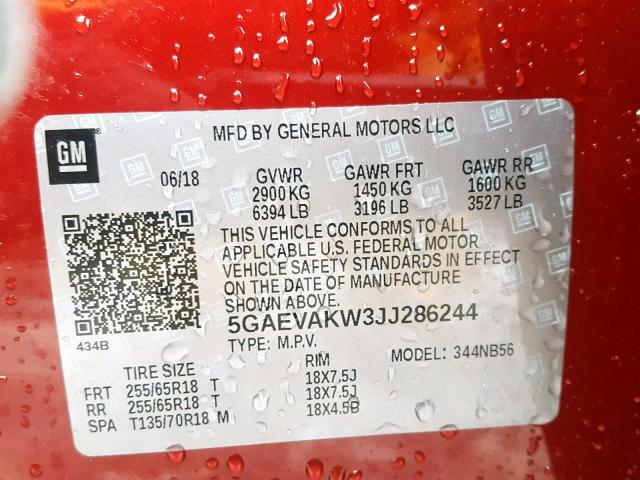 5GAEVAKW3JJ286244 - 2018 BUICK ENCLAVE ES RED photo 10