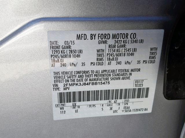 2FMPK3J84FBB15475 - 2015 FORD EDGE SEL SILVER photo 10