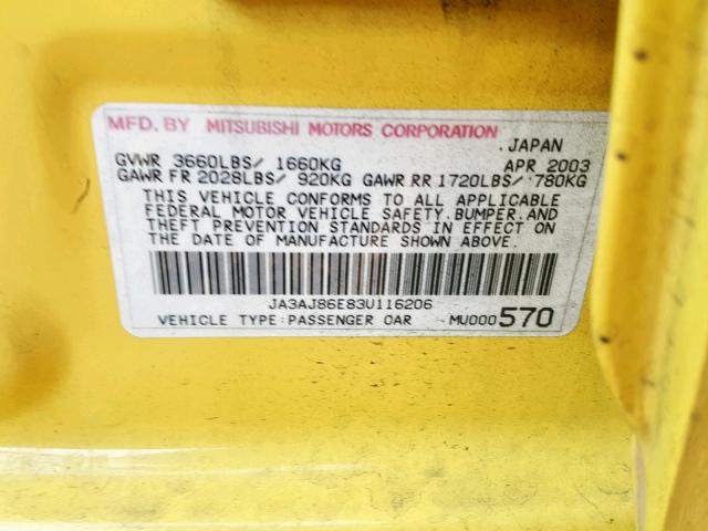 JA3AJ86E83U116206 - 2003 MITSUBISHI LANCER OZ YELLOW photo 10