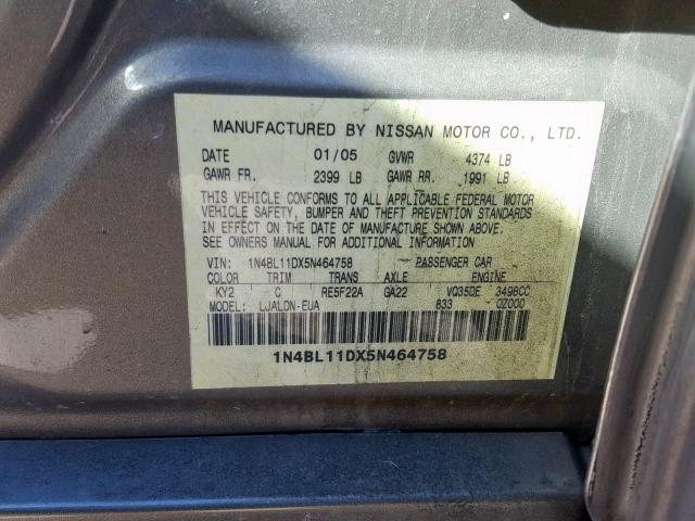 1N4BL11DX5N464758 - 2005 NISSAN ALTIMA SE GOLD photo 10