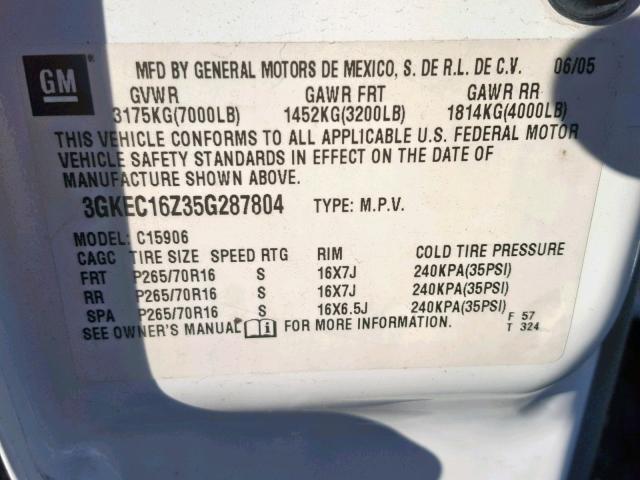 3GKEC16Z35G287804 - 2005 GMC YUKON XL C WHITE photo 10