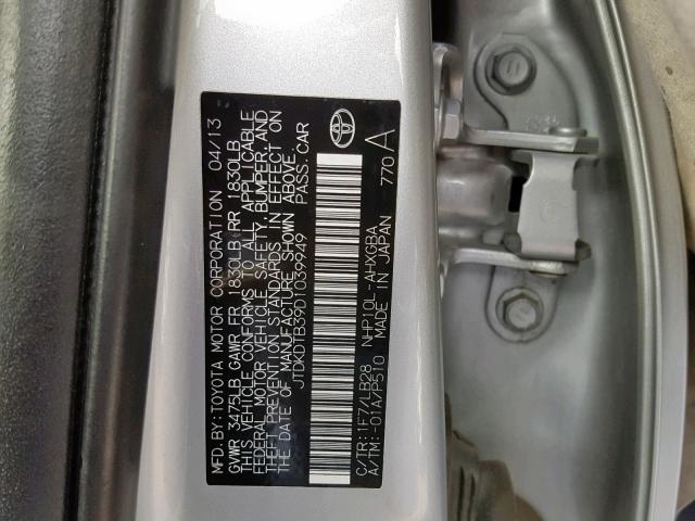 JTDKDTB39D1039949 - 2013 TOYOTA PRIUS C SILVER photo 10