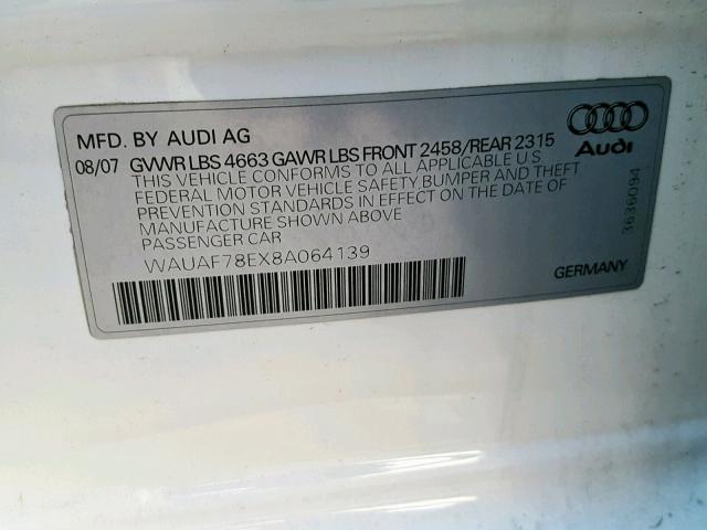 WAUAF78EX8A064139 - 2008 AUDI A4 2.0T WHITE photo 10