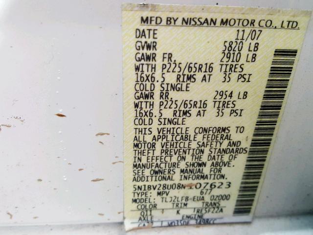 5N1BV28U08N107623 - 2008 NISSAN QUEST S WHITE photo 10