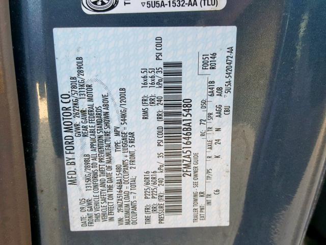 2FMZA51646BA15480 - 2006 FORD FREESTAR S BLUE photo 10