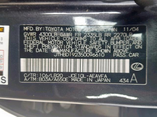 JTHBD192350096610 - 2005 LEXUS IS 300 CHARCOAL photo 10